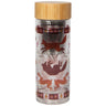 Clear glass tumbler with fox design and wooden lid on a white background