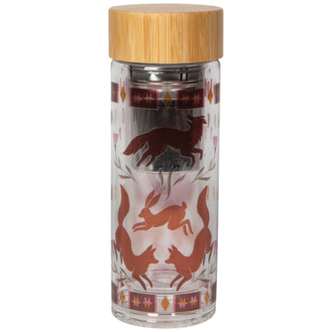 Glass travel mug with fox design and wooden lid on a white background
