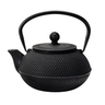 A traditional Japanese-style black cast iron teapot featuring a textured hobnail pattern, a curved top handle, and a durable enamel-coated interior.