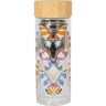 Glass tumbler with butterfly design and wooden lid on a white background