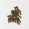A small pile of whole allspice berries on a white background.