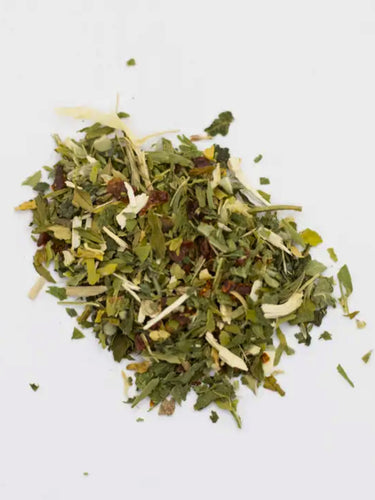 Dry herb mixture on a white background