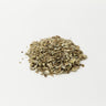 A small, textured mound of dried echinacea root pieces, featuring a mix of light tan, grey, and woody brown fragments, cut and sifted on a clean white surface.