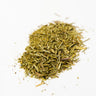 A small mound of dried horsetail aerial parts, consisting of thin, needle-like green and tan segmented stalks and fine botanical fragments, centered on a clean white surface.