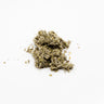 A small mound of dried sage leaves, featuring fuzzy, silvery-grey and muted green herbal fragments with visible small, light-colored stem pieces, staged on a clean white background.