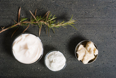 Three small bowls containing different white cream textures and raw plant butters staged with a fresh rosemary sprig on a dark gray textured surface.