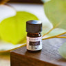 A 2.3ml amber glass bottle of Megan & Co. Ginger Rose essential oil on a wooden surface with a blurred leaf background, containing organic Rose Geranium, Rose Absolute, Ginger CO2, Cinnamon, and Rosemary