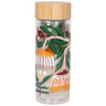A tall, double-walled borosilicate glass tea tumbler featuring a vibrant botanical wrap-around design with stylized orange, pink, and white flowers and green leaves. The bottle is topped with a light-colored bamboo lid and contains a visible stainless steel mesh tea infuser basket inside.