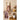 Decorative towel rack with patterned towels and kitchen items on a shelf against a beige wall.